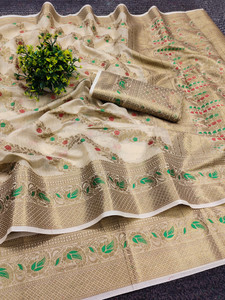 KREZVI Printed, Self Design, Temple Border, Woven, Floral Print Banarasi Jacquard, Cotton Silk Saree