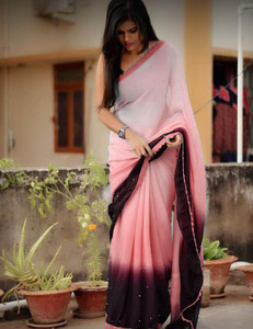 SEASON FAB Printed, Paisley, Applique, Polka Print, Dyed, Solid/Plain, Checkered Daily Wear Georgette, Chiffon Saree