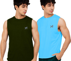 mebadass Solid Men Round Neck Dark Green, Light Blue T-Shirt
