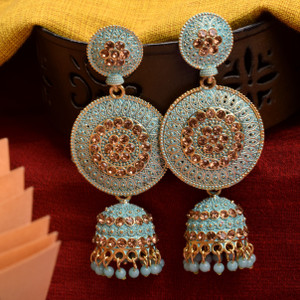 RAJ JEWELLERY South Indian Ethnic Diamond Aqua Blue Color Oxidized Jhumka Earrings for Women Alloy Jhumki Earring, Drops & Danglers, Chandbali Earring