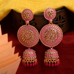 RAJ JEWELLERY Traditional Ethnic Diamond Pink Color Oxidized Jhumka Jhumki Earring for Women Alloy Jhumki Earring, Drops & Danglers, Chandbali Earring