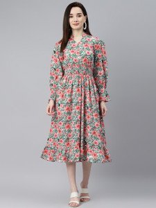 indibelle Women Fit and Flare White Midi/Calf Length Dress