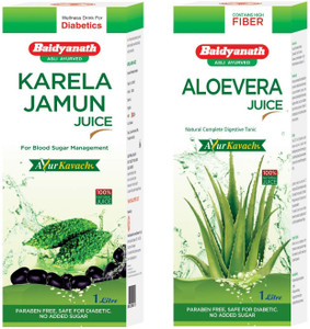 Baidyanath Karela Jamun Juice - 1L + Aloe Vera Juice - 1L| Diabetes| Repairs Skin and Hair