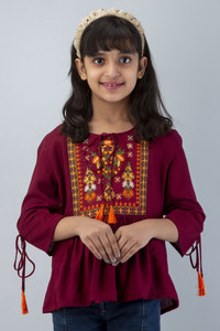 DMP FASHION Girls Embroidered Casual Maroon Shirt