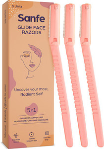 Sanfe Glide Face Razor for painfree facial hair removal (3 units) - upper lips, chin, peach fuzz - Stainless steel blade, comfortable, firm grip, Women