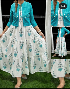 VEERANSU Women Ethnic Dress Light Blue, White Below Knee Dress
