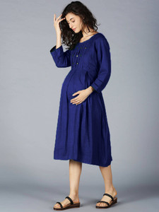 WAY SAFE Women Gathered Dark Blue Midi/Calf Length Dress