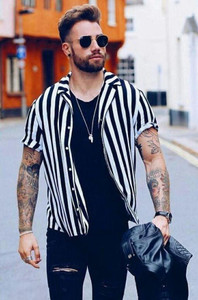 SEVENTEENSTITCH Men Striped Casual Black Shirt