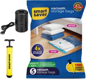 Smart Saver Vacuum Storage Bags Pack of 2 Medium, 2 Small and 1 Large with Electric Pump High Volume Storage Vacuum Bags
