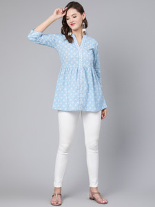 Antaran Casual Floral Print Women Light Blue Top
