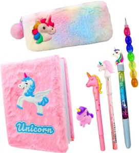boombasket Unicorn Combo-7 Pcs Fur Diary/Fur Pouch/Pen/Pencil/Water Pen/Eraser Gift Set A5 Diary Ruled 80 Pages