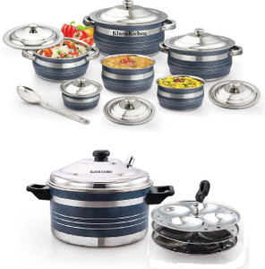 KLASSI KICHEN Stainless Steel Cookware Set (Multicolor, 1000ml, 1500ml, 2000ml, 200ml, 300ml, 500ml)-7 Piece with 3 Plate Idli Cooker 12 idlies…