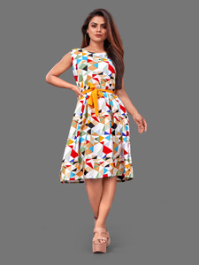 LOZZBY Women A-line White, Multicolor Knee Length Dress
