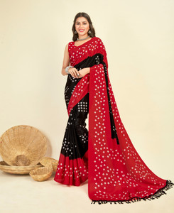 Henzila Printed, Geometric Print, Embellished Bandhani Silk Blend Saree