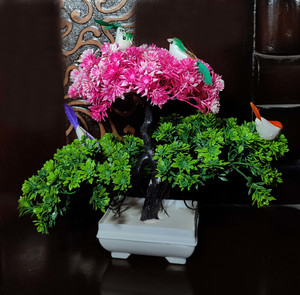 ds Artificial Pink & Green Bonsai flower pot (pack of 1, Hight-30 cm) Pink, Green Anthurium Artificial Flower  with Pot
