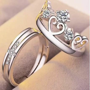 MEENAZ CZ AD Valentine gifts Couple rings lovers girlfriend boyfriend Adjustable Crown Stainless Steel Crystal, Diamond, Cubic Zirconia, Zircon Platinum, Rhodium, Titanium, Sterling Silver Plated Ring Set