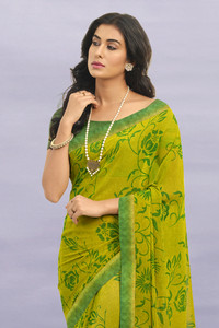VIRHAN Printed, Self Design, Hand Painted, Digital Print, Floral Print, Solid/Plain Daily Wear Georgette, Chiffon Saree