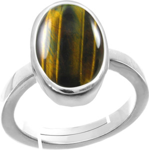 EVERYTHING GEMS 9.25 Ratti 8.66 Carat Certified Unheated Quality Natural Tiger's Eye Stone Brass Crystal Silver Plated Ring