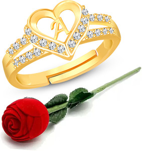 Heer Collection Heart Alphabet 'A' Valentine Ring Promise Propose Engagement Wedding Anniversary Brass, Stainless Steel, Copper, Alloy Cubic Zirconia Gold Plated Ring
