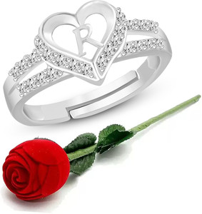 Heer Collection Heart Alphabet 'R' Valentine Ring Promise Propose Engagement Wedding Anniversary Brass, Stainless Steel, Copper, Alloy Cubic Zirconia Silver Plated Ring