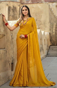 BLEESBURY Printed, Hand Painted, Geometric Print, Embroidered, Graphic Print, Floral Print, Solid/Plain Bollywood Georgette, Chiffon Saree