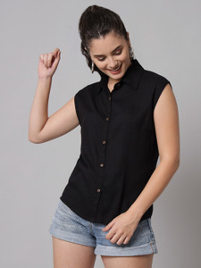 FUNDAY FASHION महिलाओं के लिए सॉलिड कैज़ुअल काला  शर्ट