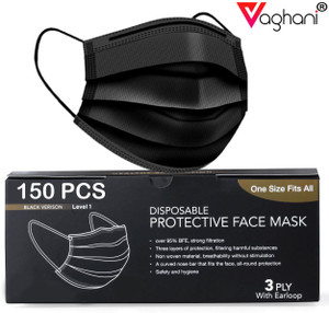 Vaghani 150 Black Units With Nose Pin Disposable Iso Mark 3 Ply Pharmaceutical Breathable Surgical Pollution Face Mask Respirator with 3 Layer For Men, Women, Kids 3 Ply Surgical Mask (150 Piece) ( With Nose Pin )( Black ) Surgical Mask With Melt Blown Fabric Layer