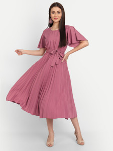 Deklook Women Pleated Pink Midi/Calf Length Dress