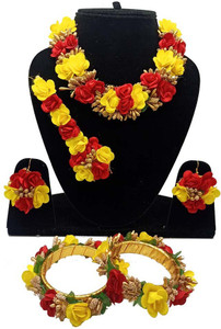 Riya Handcraftejewelry Fabric, Paper Red, Gold Jewellery Set
