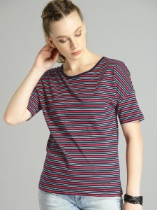 Roadster Striped Women Round Neck Red T-Shirt