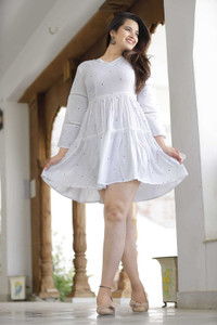 KKC Women Fit and Flare White Above Knee/Mid Thigh Length Dress