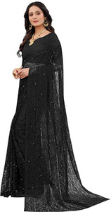 Dhyey Fashion Embroidered Lucknow Chikankari Net, Brasso Saree