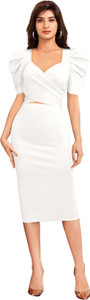 DHUNKI Women Two Piece Dress White Knee Length Dress