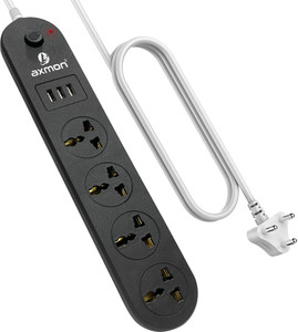 Axmon Extension Cord [ FIRE PROOF] [SHOCK PROOF] 3 USB [UNIVERSAL SOCKET] [ 1.9 METER] 4  Socket Extension Boards