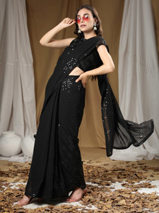 IRIS Embroidered, Solid/Plain Bollywood Georgette, Silk Blend Saree