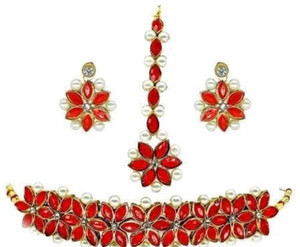 ABHRIK IMITATION Crystal Gold-plated Red, Gold Jewellery Set