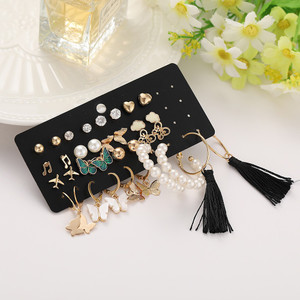 Vembley Stunning Gold Plated 17 Pair Black Hoop and Stud Alloy Earring Set