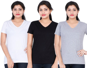 Fleximaa Solid Women V Neck Multicolor T-Shirt