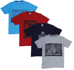 Fleximaa Printed Men Round Neck Red, Blue, Grey T-Shirt