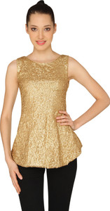 ASHTAG Party No Sleeve Embellished Women Gold Top