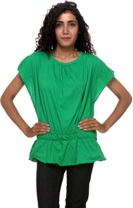 TEEMOODS Casual Butterfly Sleeve Solid Women Green Top