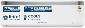 Sansui 2025 Model 1 Ton 3 Star Zen Cool 5-in-1 Convertible 1 Ton 3 Star Split Inverter with Energy Efficient , Blue Fin, Copper Tubing & Anti Rust Coating AC  - White