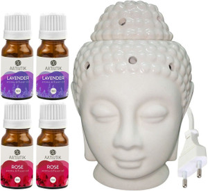 Aatiutik Lavender, Rose Aroma Diffuser Oil with Electric Ceramic Buddha Head (Made In India) Aroma Diffuser Set Lavender & Rose Fragrance for Room and Office with Ceramic Electric Burner