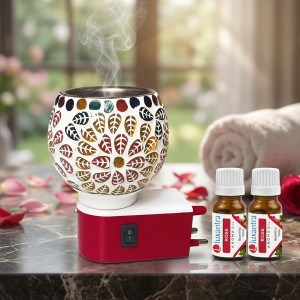 Luxantra Rose Fragrance Air Freshener Diffuser Set Electric Kapoor Dani Camphor Diffuser with Decorative Ceramic Aroma Lamp | Smoke-Free Air Freshener & Essential Oil Burner | Plug-in Kapoor Dani for Home, पूजा & Aromatherapy