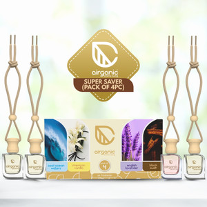 Airganic Aroma Swing pack 4 combo: Cool Ocean , Mexican Vanilla, Lavender & Black Oudh Car Freshener Diffuser Aroma with Essential Oils in Glass Bottle with Wooden Diffuser Lid| Car Hanging Accessories| Car Accessories Interior (4 x 10 ml)