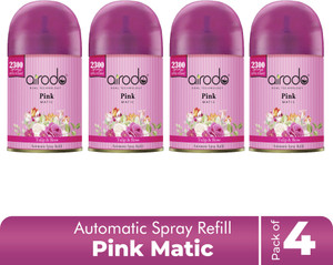 AIRODO Tulip, Rose Automatic Spray Air Freshner Dual Technology Pink Matic Tulip & Rose upto 75 days with 2300 Sprays Each Bottle Pack of 4