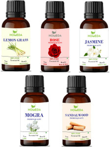Homeda Lemon Grass, Rose, Jasmine, Sandalwood, Mogra Essential Oil Aroma Oil Aroma Diffuser Oil (Lemon Grass, Rose, Jasmine, Sandalwood, Mogra Essential Oil) 15ml each