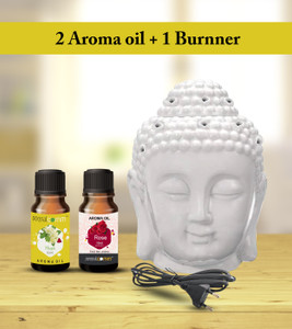 peepalcomm Premium Home Scented Electric Buddha Diffuser( With 2 Fragrance 10ml Each) Aroma Oil, Diffuser Set, Refill Home Décor Gift - Premium White Electric Aroma Oil Buddha Diffuser + 2 High Scented Mogra Rose Aroma Oil ( 10ml Each ) For All Air Freshener , Room Freshener
