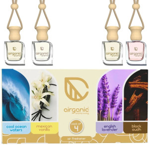 Airganic Aroma Swing pack 4 combo: Cool Ocean , Mexican Vanilla, Lavender & Black Oudh Car Freshener Diffuser Aroma with Essential Oils in Glass Bottle with Wooden Diffuser Lid| Car Hanging Accessories| Car Accessories Interior (4 x 10 ml)