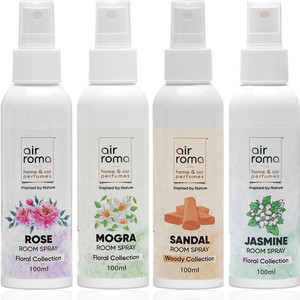Airroma Combo of 4 Air Freshener Spray- Rose Original, Sandal Sweet, Jasmine Flower, Mogra Magic, 100 ml Each for Home, Car & Office Spray Combo of 4 Air Freshener Spray